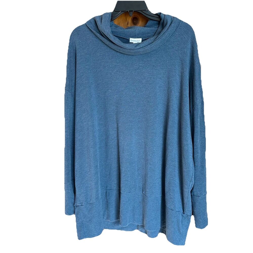 Garnet Hill Sweatshirt Tunic Women's XL Cowl Neck 3/4 Sleeve Pullover Blue Cozy